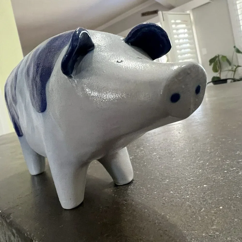 VTG Signed David ELDRETH SALT GLAZED Stonewear Pig COBALT BLUE ON GRAY - Picture 7 of 12